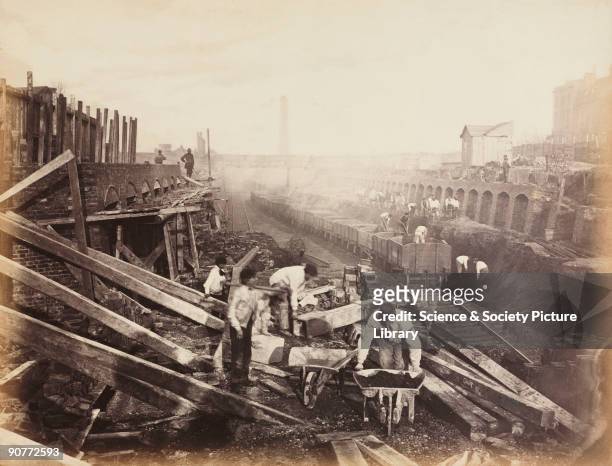 One of a series of photographs by Henry Flather showing the construction, undertaken between 1866 and 1870, of the Metropolitan District Railway's...