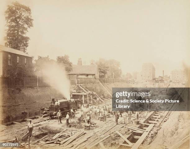 One of a series of photographs by Henry Flather showing the construction, undertaken between 1866 and 1870, of the Metropolitan District Railway's...