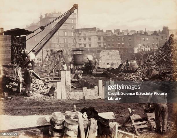 One of a series of photographs by Henry Flather showing the construction, undertaken between 1866 and 1870, of the Metropolitan District Railway's...