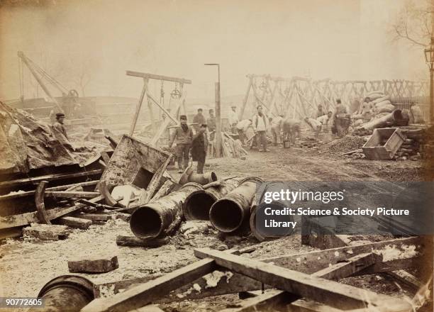 One of a series of photographs by Henry Flather showing the construction, undertaken between 1866 and 1870, of the Metropolitan District Railway's...