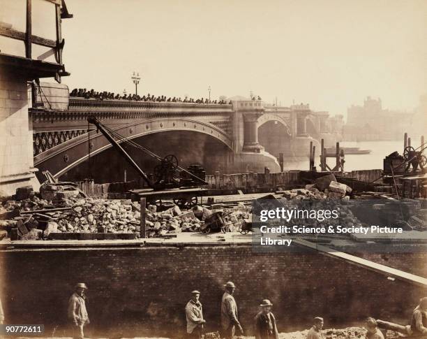 One of a series of photographs by Henry Flather showing the construction, undertaken between 1866 and 1870, of the Metropolitan District Railway's...