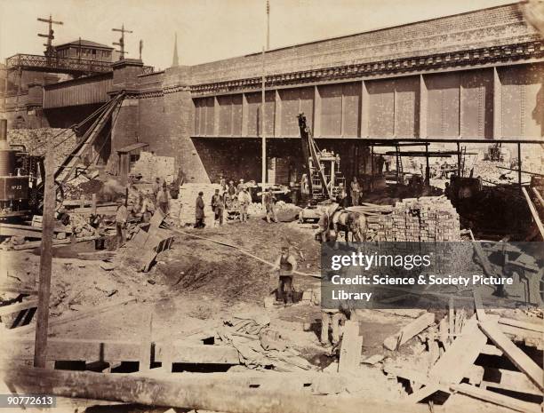 One of a series of photographs by Henry Flather showing the construction, undertaken between 1866 and 1870, of the Metropolitan District Railway's...