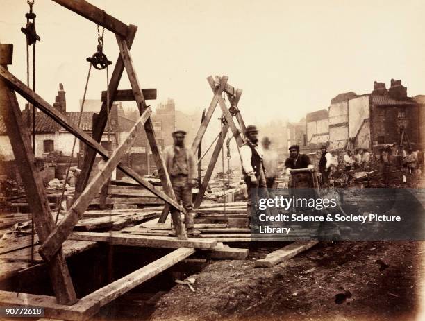 One of a series of photographs by Henry Flather showing the construction, undertaken between 1866 and 1870, of the Metropolitan District Railway's...