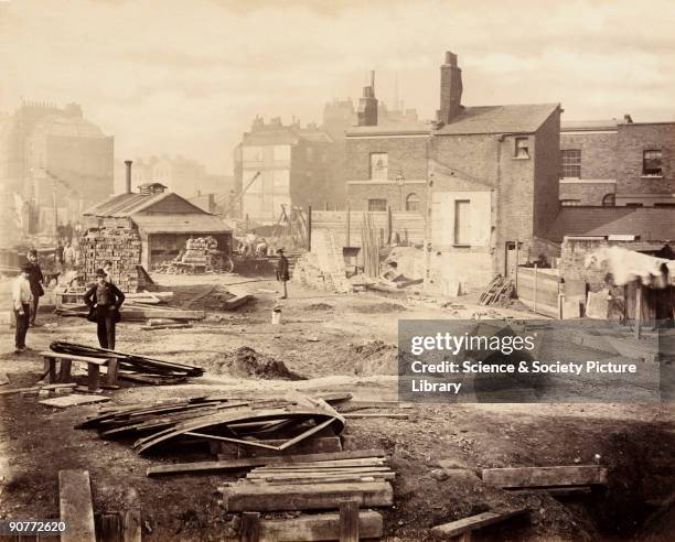 One of a series of photographs by Henry Flather showing the construction, undertaken between 1866 and 1870, of the Metropolitan District Railway's...