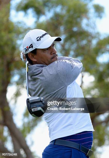 Fabien Gomez of Argentina plays his shot from the 18th tee during the third round of the CareerBuilder Challenge at the Jack Nicklaus Tournament...