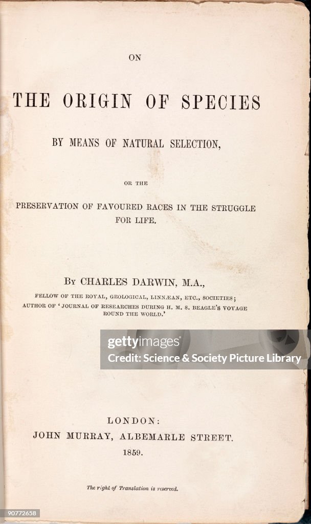 Title page from Darwin�s �The Origin of Species�, 1859.