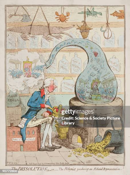Coloured etching by James Gillray showing prime minister William Pitt using a pair of bellows in the shape of a crown to heat a glass distillation...