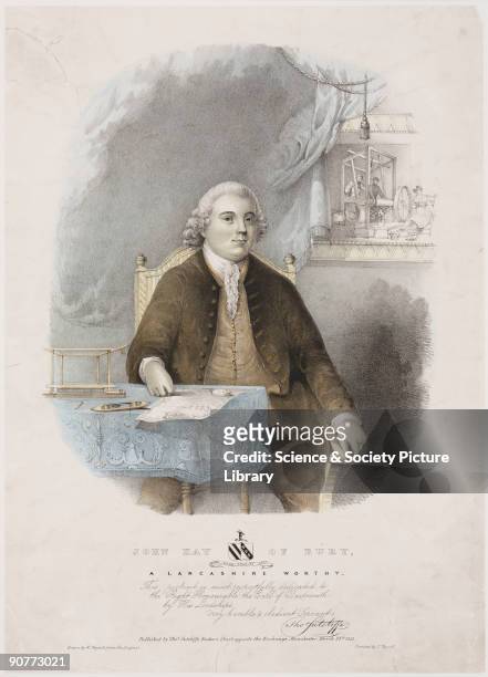 Coloured lithograph drawn by W Physick, showing the English inventor John Kay . Weavers can be seen through the window working on a loom while a...