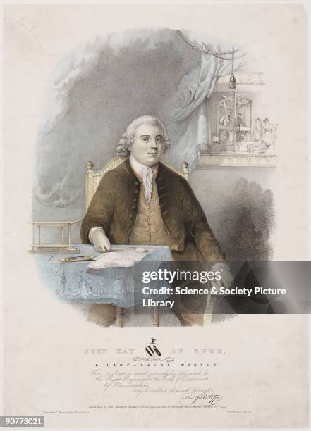 Coloured lithograph drawn by W Physick, showing the English inventor John Kay . Weavers can be seen through the window working on a loom while a...