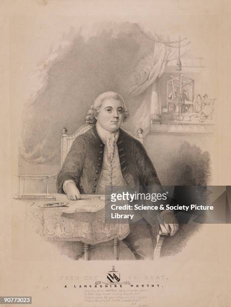 Lithograph showing the English inventor John Kay . Weavers can be seen through the window working on a loom while a woman spins in front of them. On...