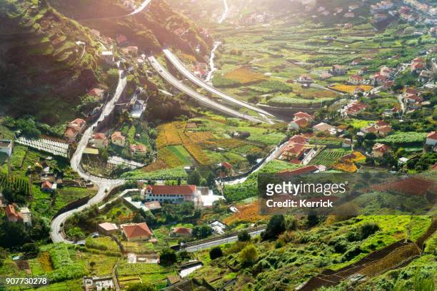 valley of camara de lobos in madeira, portugal. buildings, gardens and the highway vr1 - funchal imagens e fotografias de stock