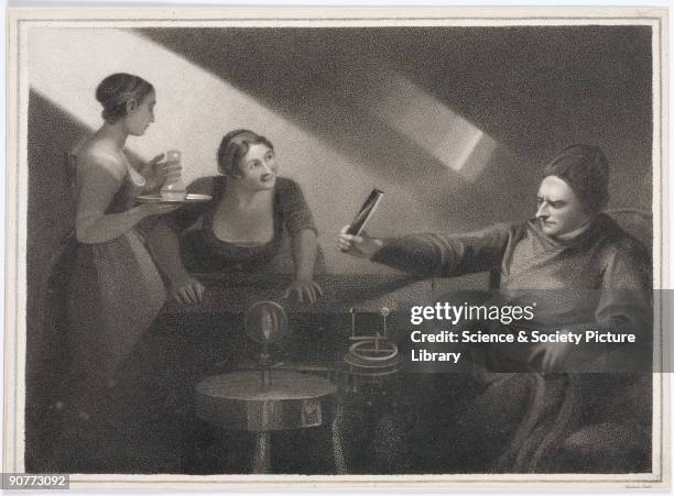 Stipple engraving by Meadows made in 1809 after a painting by George Romney, 1796. An imaginary romanticised scene of Newton�s light-splitting...