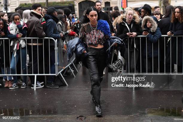 Aleali May arrives at Balmain Homme Menswear Fall/Winter 2018-2019 show as part of Paris Fashion Week on January 20, 2018 in Paris, France.