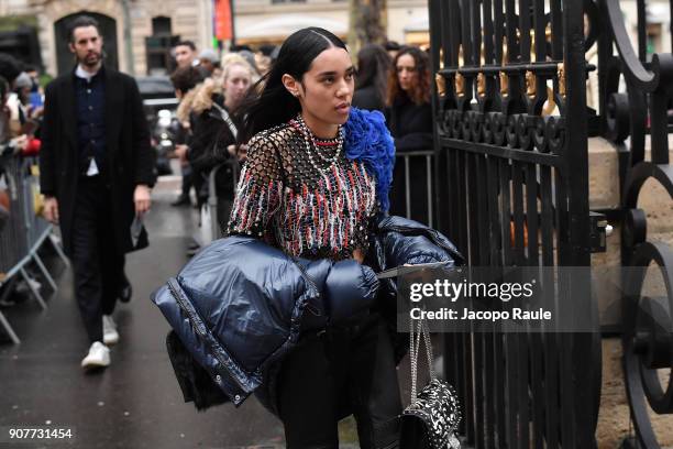 Aleali May arrives at Balmain Homme Menswear Fall/Winter 2018-2019 show as part of Paris Fashion Week on January 20, 2018 in Paris, France.