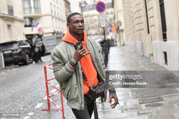 Model arrives at Balmain Homme Menswear Fall/Winter 2018-2019 show as part of Paris Fashion Week on January 20, 2018 in Paris, France.