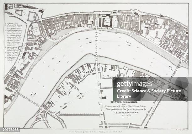 Engraving by T Dighton, 'Plan of the River Thames from Westminster Bridge to Blackfriars Bridge' showing the line of the proposed new quay and some...
