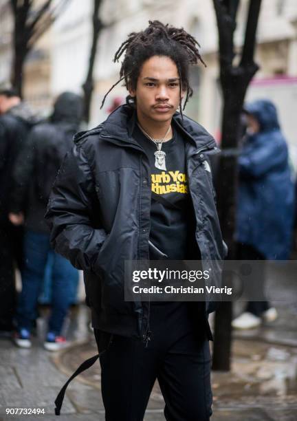 Luka Sabbat wearing The North Face jacket is seen outside Sacai on January 20, 2018 in Paris, France.