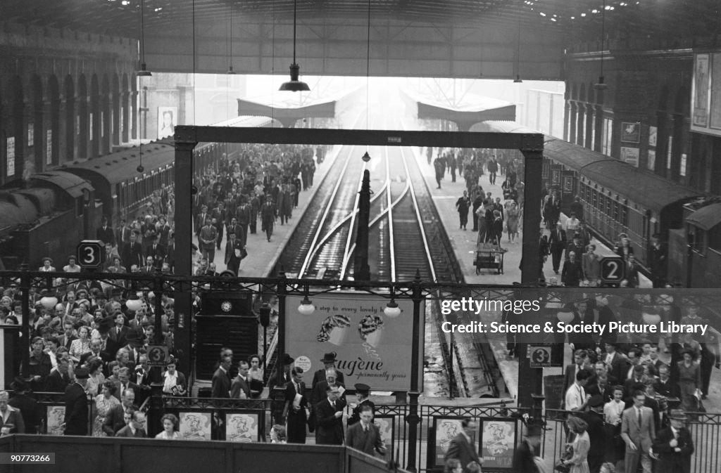 Passengers arriving at Liverpool Street station, London, 9.00 am, 29 June 1949.