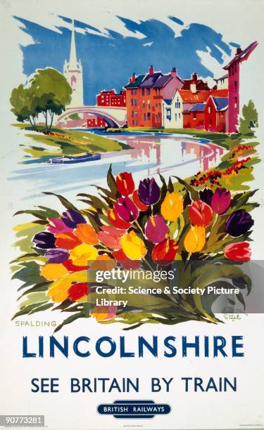 Poster produced for British Railways Eastern Region , promoting rail travel to the Lincolnshire town of Spalding, on the river Ware, showing town...