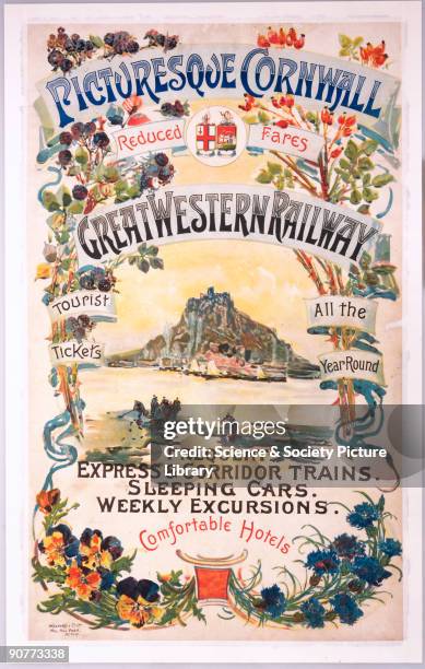 Picturesque Cornwall', GWR poster, 1897. Poster produced for the Great Western Railway , promoting tourist tickets and weekly excurions on express...