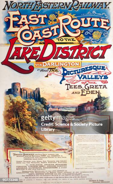Poster produced for the North Eastern Railway , promoting rail travel to the Lake District via Darlington and the Tees, Greta and Eden valleys,...