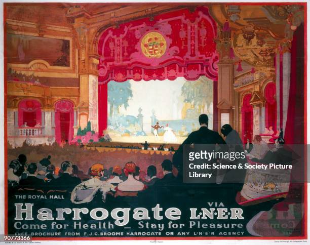 Poster produced for the London & North Eastern Railway , promoting rail travel to the spa town of Harrogate, in Yorkshire, showing theatre-goers...