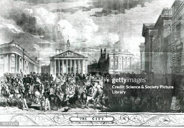 Plate taken from the 'Illustrated London News' showing crowds and horse-drawn carriages at Mansion House, in the City of London.