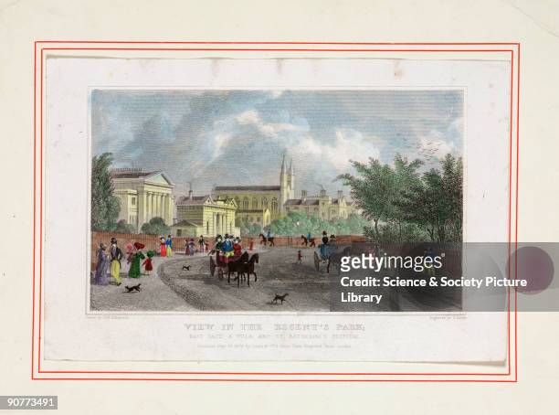 Hand-coloured engraving by S Lacey after an original drawn by Thomas Hosmer Shepherd, showing pedestrians and horse-drawn carriages in Regent's Park....