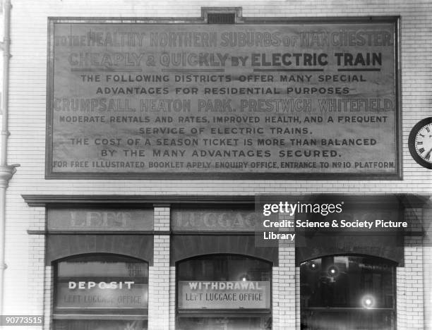 London, Midland & Scottish poster advertising services on electric trains into Manchester, about 1924. At this time electric trains were being used...