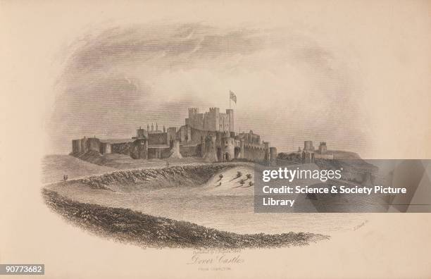 One of six engravings by J Shury after drawings by Dillon, showing a view of the exterior and grounds of Dover Castle as seen from Charlton....