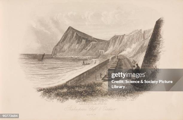 One of six engravings by J Shury after drawings by Dillon, showing a view of trains serving Dover Harbour along Shakespeare Viaduct and Cliff with...