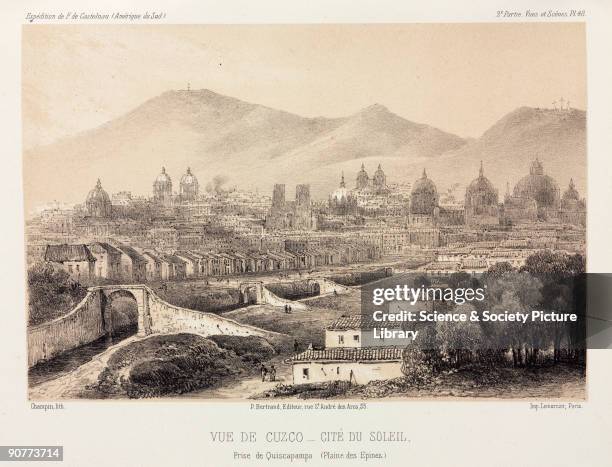 Lithograph by Champin of the ancient capital of the Inca empire, seen from Quiscapampa, with the Andes in the distance. From �Expedition dans les...