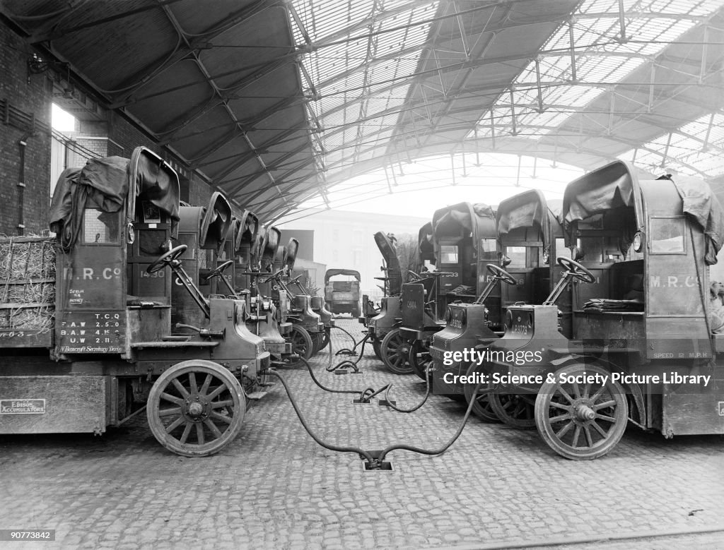 Lorries being refuelled at St Pancras goods depot, London, 11 July 1917.