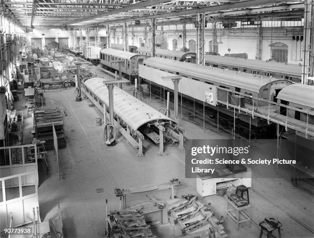 Body shop in York carriage works, 10 March 1952. York carriage works opened in 1884, for the building and repair of Great Eastern Railway carriages....