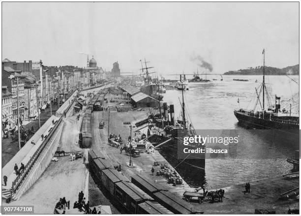 antique photograph of world's famous sites: harbour of montreal, canada - montreal stock illustrations