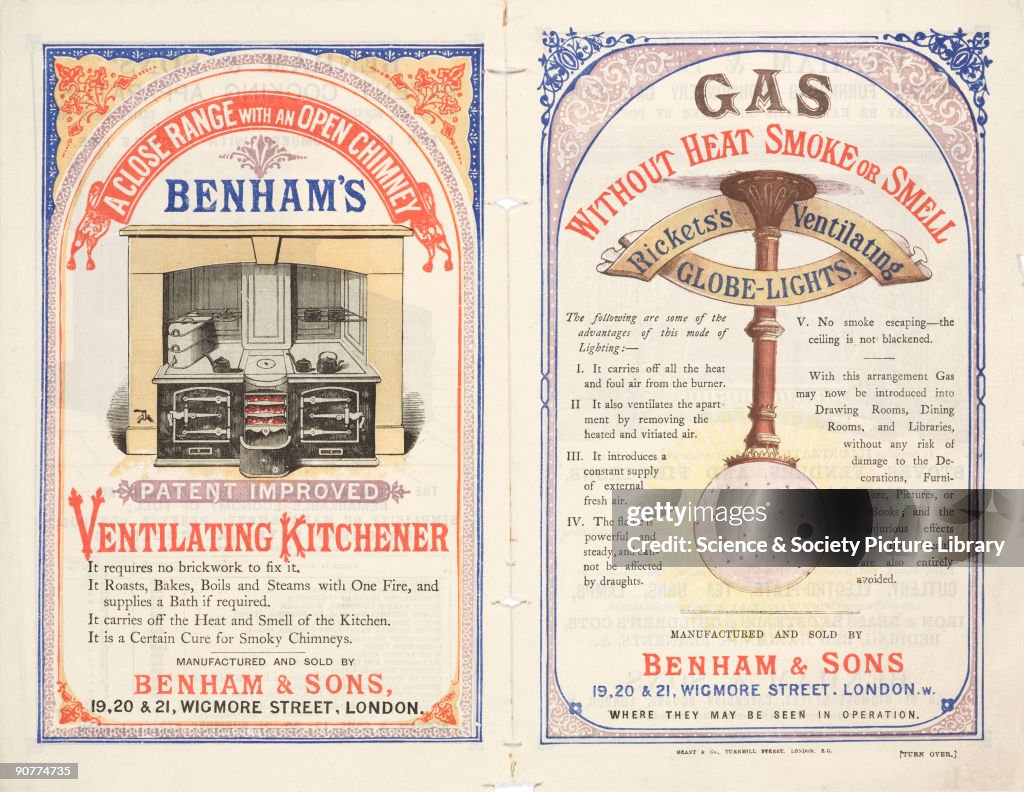 Gas cooking range and gas lights by Benham & Sons, late 19th century.