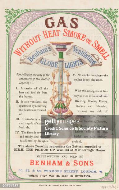 Gas without heat, smoke or smell�. A leaflet advertising ventilating globe lights by Benham & Sons, Wigmore Street, London. Taken from a collection...