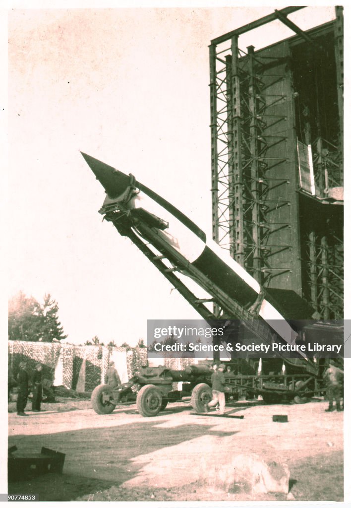 V2 rocket on launch pad, Operation Backfire, Cuxhaven, Germany, 1945.