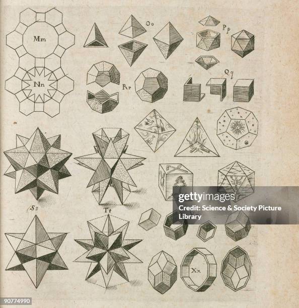 Engraving of star polyhedra, from 'Harmonices mundi' by German astronomer Johannes Kepler published in Linz, Austria in 1619. In this section Kepler...