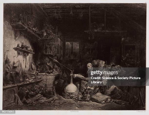 Lithograph by C Nanteuil after an original painting by Isabey published by Bertauts. In a derelict looking interior an ageing alchemist sits, reading...