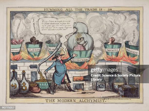 Coloured etching by T J, showing an alchemist claiming to have found the �Goose that lays the golden eggs�. He is distilling gold coins from a glass...