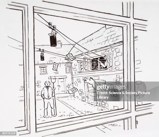 Ink on paper cartoon by Marc Foden, showing cylinders of mail moving on an aerial cable pulley system from the farmer�s house to his workshop above...