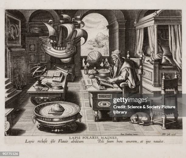 �Lapis Polaris Magnes�. Engraving showing a man sitting at a desk reading from a book and using a compass. The interior is filled with mathematical...