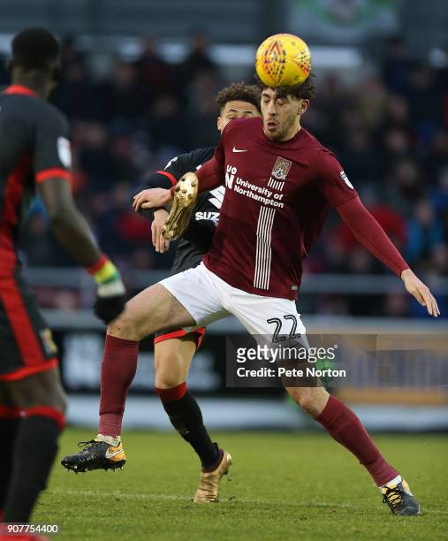Matt Crooks of Northampton Town attempts to control the ball during the Sky Bet League One match between Northampton Town and Milton Keynes Dons at...