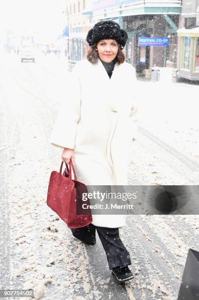 Actress Maggie Gyllenhaal is seen at the 2018 Sundance Film Festival wearing SOREL on January 20, 2018 in Park City, Utah.