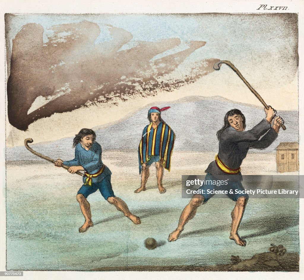 Araucano Indians playing hockey, Chile, 1820-1821.