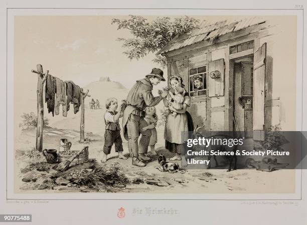 Miner is greeted by his barefoot family; he shows a posy of flowers to the baby while his son examines his lamp. Clothes hang on a pole, and a toy in...