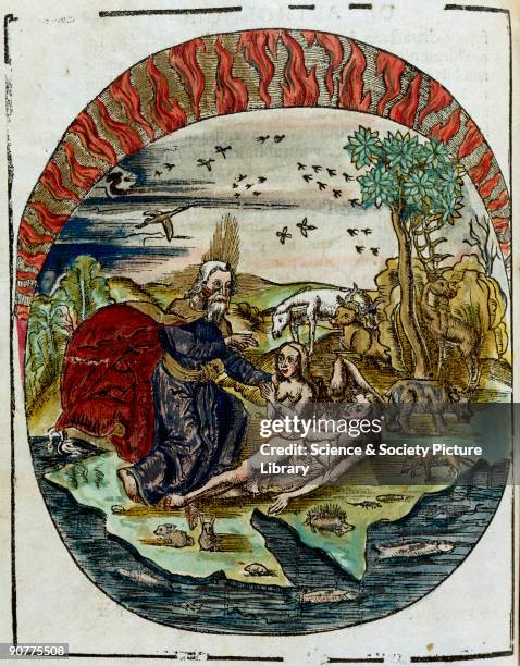 Hand-coloured wood-cut showing God creating Eve from Adam�s rib, from the 'Natural Philosophy' section of the 'Margarita Philosophica' , by Gregor...