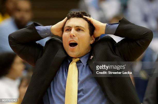 Head coach Josh Pastner of the Georgia Tech Yellow Jackets reacts against the North Carolina Tar Heels during their game at Dean Smith Center on...