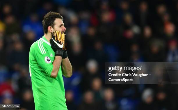 Watford's Orestis Karnezis during the Premier League match between Leicester City and Watford at The King Power Stadium on January 20, 2018 in...